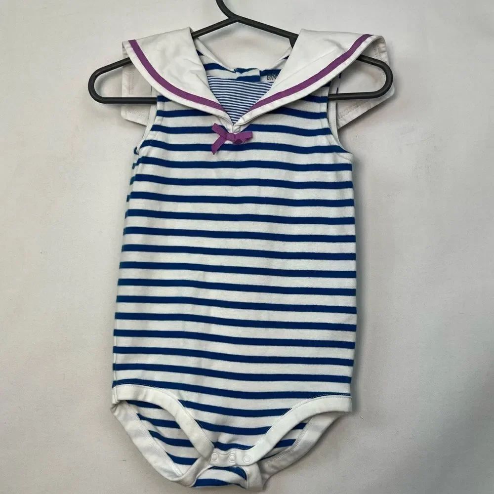 Gymboree blue and white striped knit sailor bubble romper EUC size 12-18 m